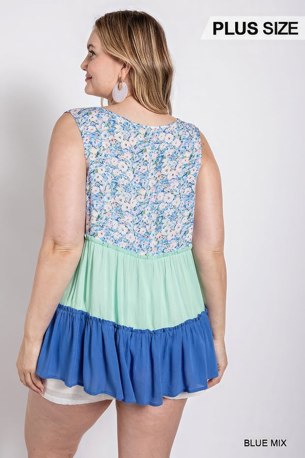 Floral Color Block Ruffle Detail Tiered V-neck Top - Fashionmj