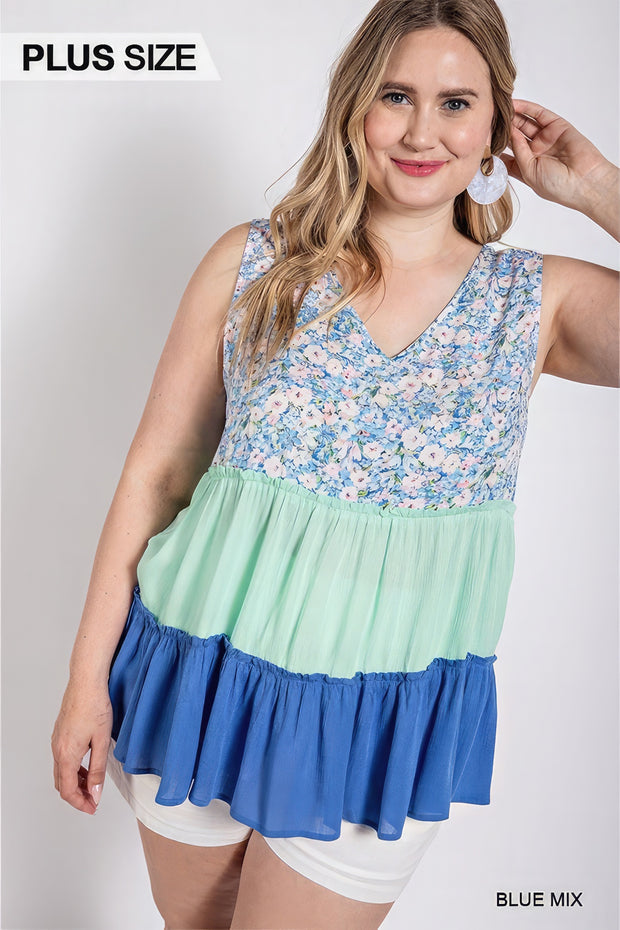 Floral Color Block Ruffle Detail Tiered V-neck Top - Fashionmj