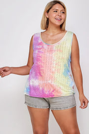 Tie Dye Tank With Studded Detail, Loose Fit, Easy Casual Wear - Fashionmj