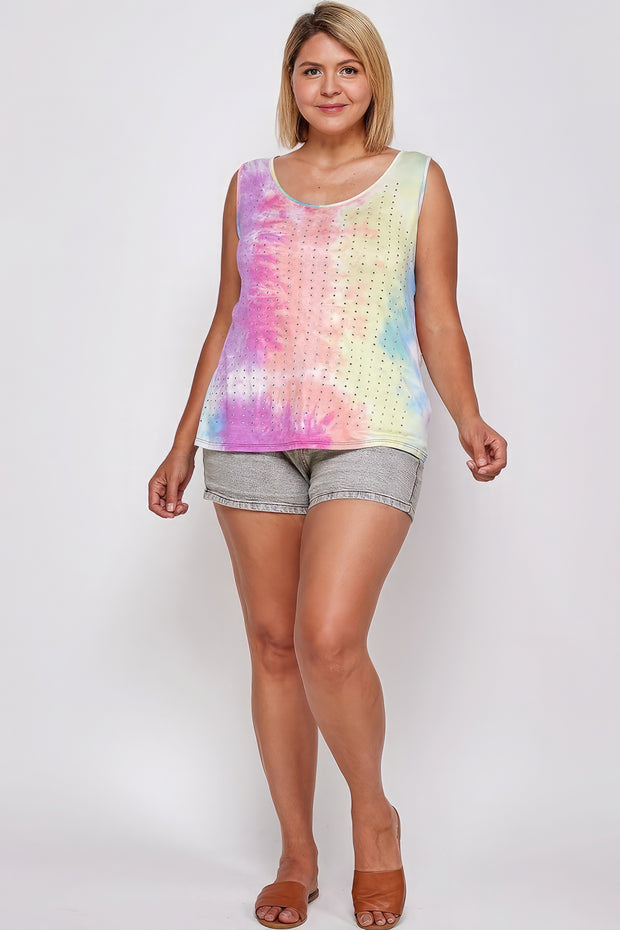 Tie Dye Tank With Studded Detail, Loose Fit, Easy Casual Wear - Fashionmj