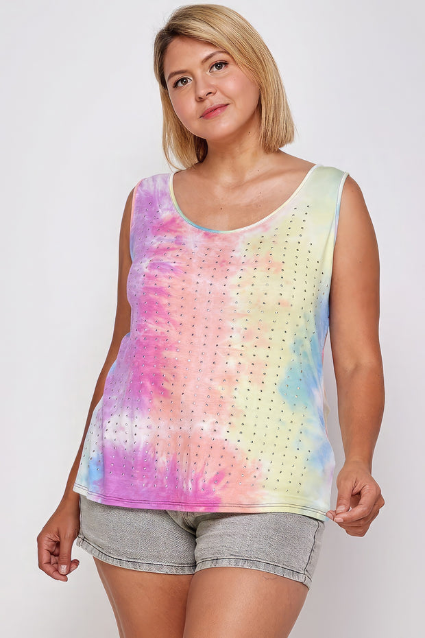 Tie Dye Tank With Studded Detail, Loose Fit, Easy Casual Wear - Fashionmj