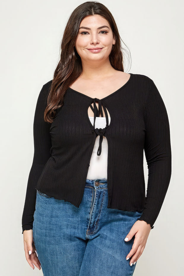 Solid Ribbed Pointelle Cardigan - Fashionmj