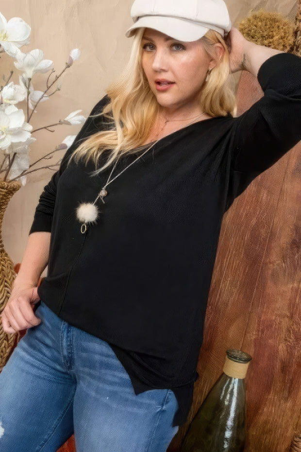 Plus Size V Neck 3/4 Sleeve Side Slit Hi-lo Sweater - Fashionmj