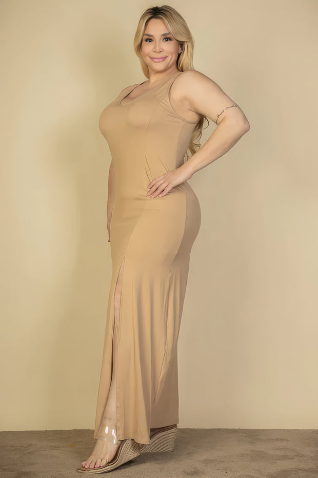 Plus Size Plunge Neck Thigh Split Maxi Dress - Fashionmj