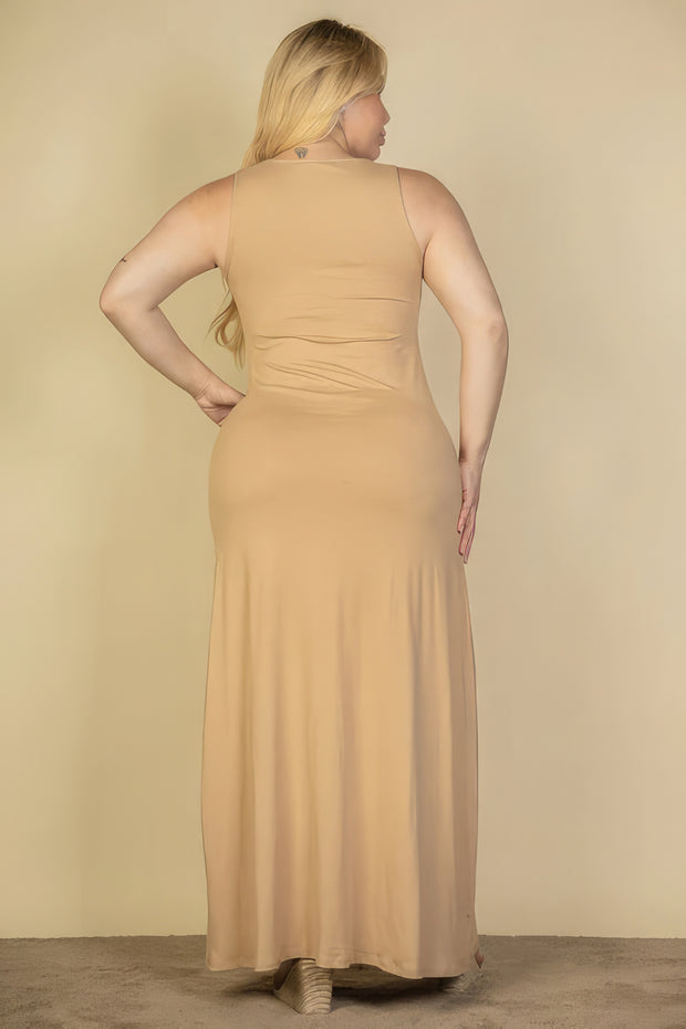 Plus Size Plunge Neck Thigh Split Maxi Dress - Fashionmj