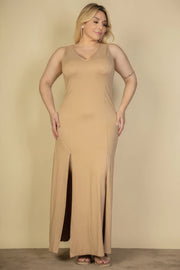 Plus Size Plunge Neck Thigh Split Maxi Dress - Fashionmj