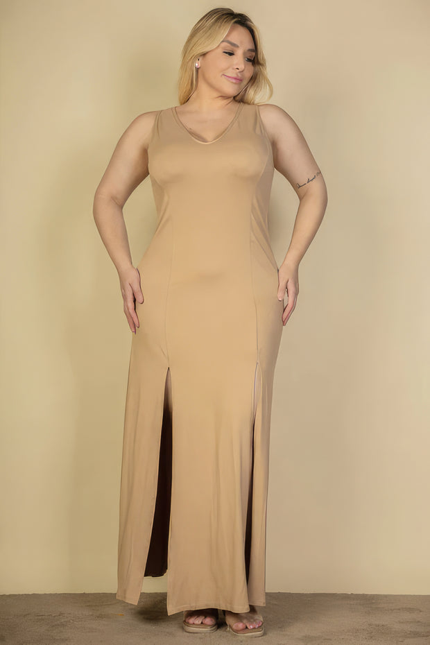 Plus Size Plunge Neck Thigh Split Maxi Dress - Fashionmj