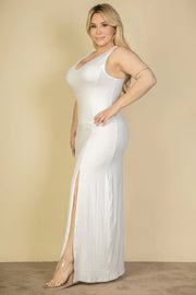 Plus Size Plunge Neck Thigh Split Maxi Dress - Fashionmj