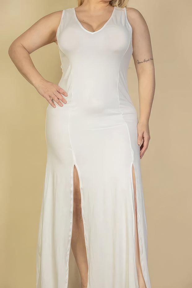 Plus Size Plunge Neck Thigh Split Maxi Dress - Fashionmj