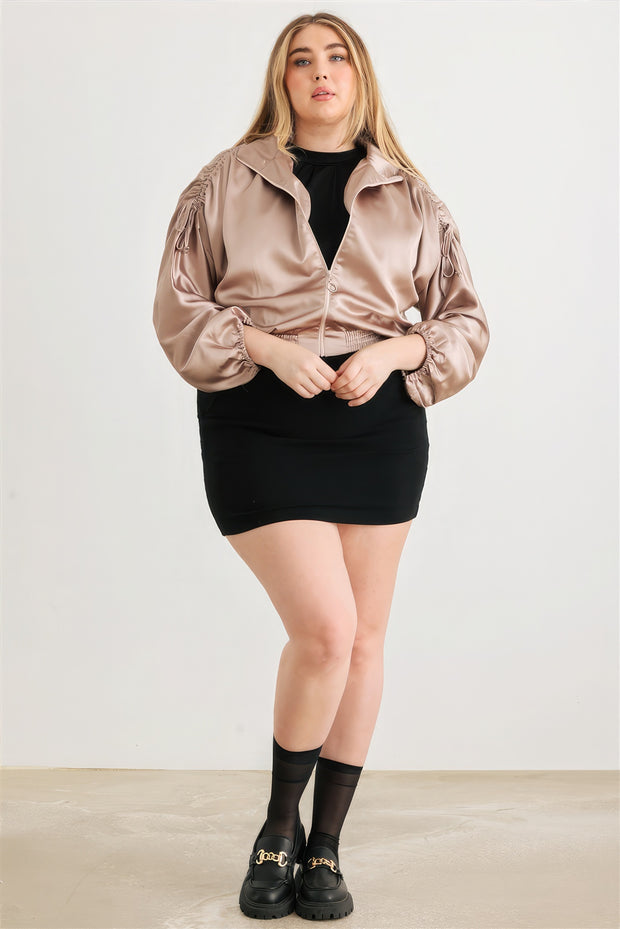 Plus Satin Zip-up Ruched Long Sleeve Cropped Bomber Jacket - Fashionmj