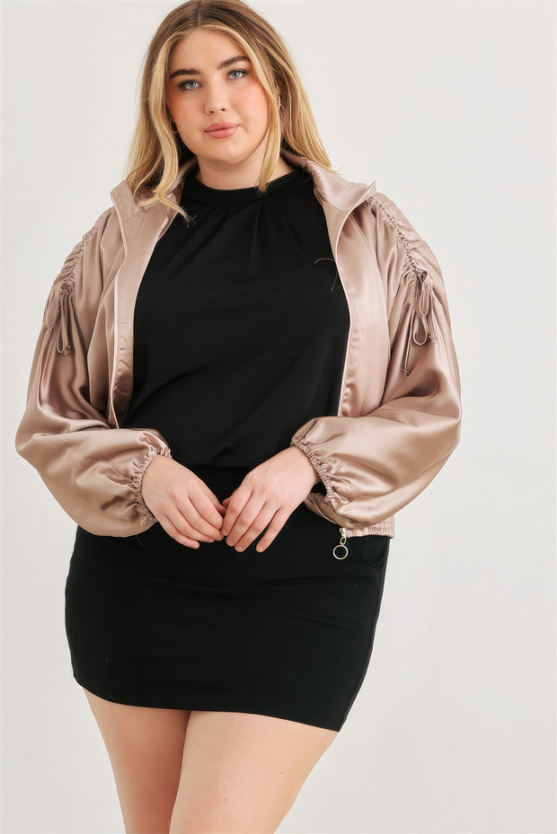 Plus Satin Zip-up Ruched Long Sleeve Cropped Bomber Jacket - Fashionmj