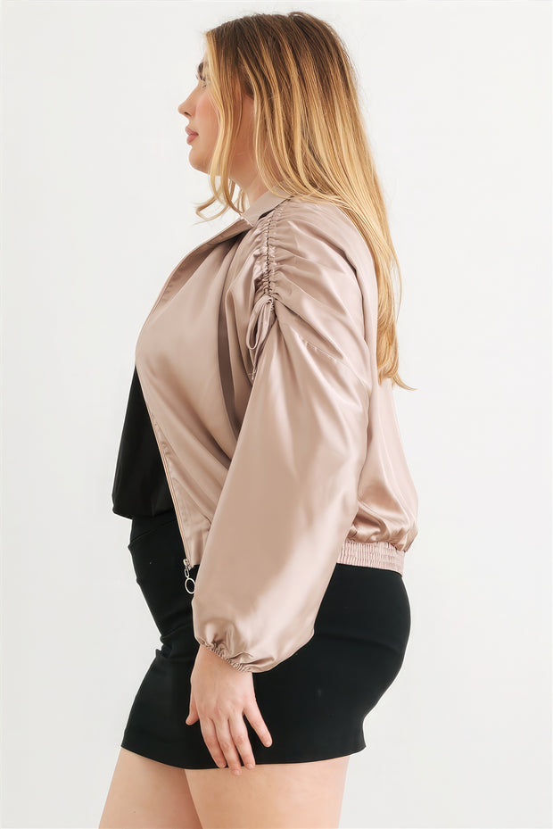 Plus Satin Zip-up Ruched Long Sleeve Cropped Bomber Jacket - Fashionmj