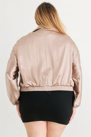 Plus Satin Zip-up Ruched Long Sleeve Cropped Bomber Jacket - Fashionmj