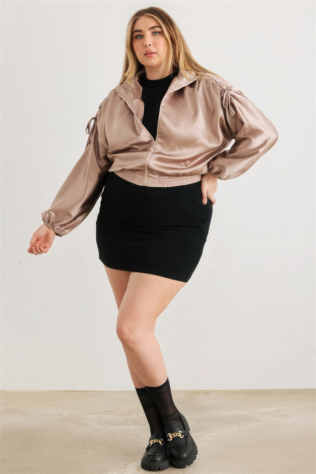 Plus Satin Zip-up Ruched Long Sleeve Cropped Bomber Jacket - Fashionmj