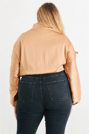 Plus Satin Zip-up Ruched Long Sleeve Cropped Bomber Jacket - Fashionmj