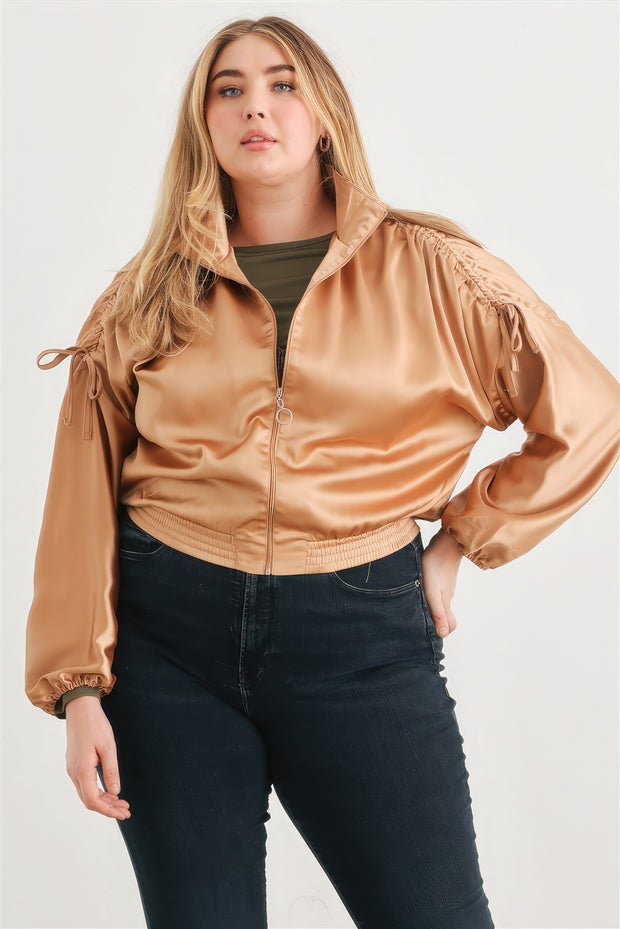 Plus Satin Zip-up Ruched Long Sleeve Cropped Bomber Jacket - Fashionmj