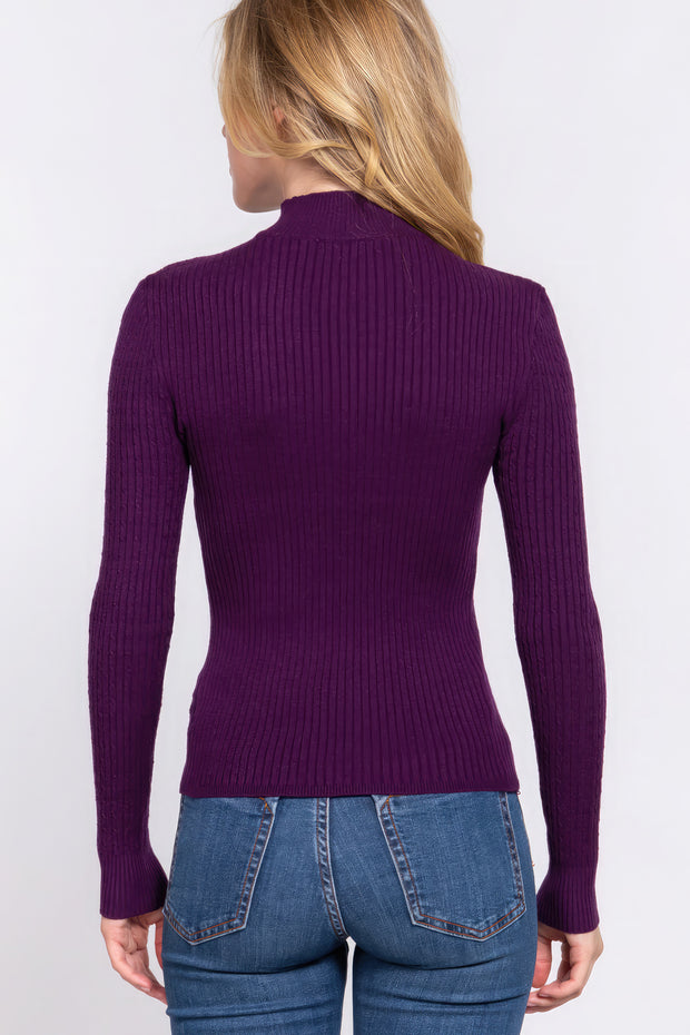 Long Slv Mock Neck Rib Sweater - Fashionmj