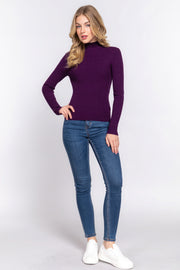 Long Slv Mock Neck Rib Sweater - Fashionmj