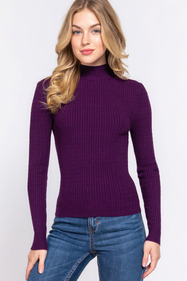 Long Slv Mock Neck Rib Sweater - Fashionmj