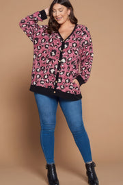 Plus Size Cozy Animal Mir Print With Brush Button Up Cardigan - Fashionmj