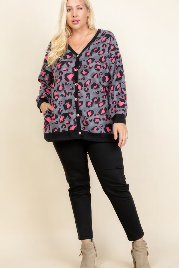 Plus Size Cozy Animal Mir Print With Brush Button Up Cardigan - Fashionmj