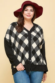 Plus Size Buffalo Plaid Knit Button Up Oversize Cardigan - Fashionmj