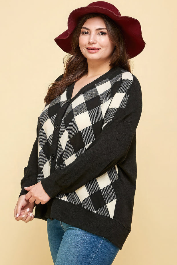 Plus Size Buffalo Plaid Knit Button Up Oversize Cardigan - Fashionmj