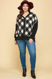 Plus Size Buffalo Plaid Knit Button Up Oversize Cardigan - Fashionmj