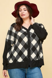 Plus Size Buffalo Plaid Knit Button Up Oversize Cardigan - Fashionmj