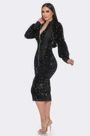 Midi 2 Way Zip Up Sequin Contrast Dress - Fashionmj