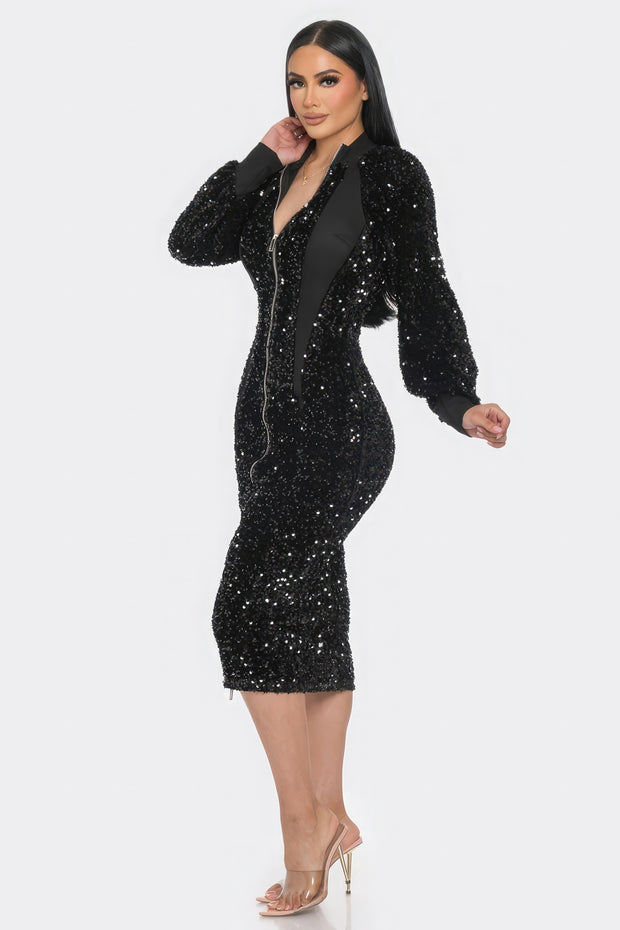 Midi 2 Way Zip Up Sequin Contrast Dress - Fashionmj