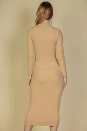 Ribbed Mock Neck Long Sleeve Bodycon Midi Dress - Fashionmj