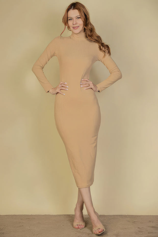 Ribbed Mock Neck Long Sleeve Bodycon Midi Dress - Fashionmj