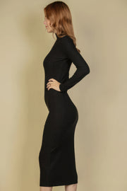 Ribbed Mock Neck Long Sleeve Bodycon Midi Dress - Fashionmj