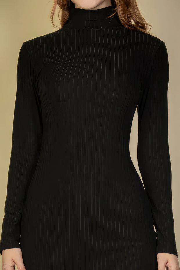 Ribbed Mock Neck Long Sleeve Bodycon Midi Dress - Fashionmj