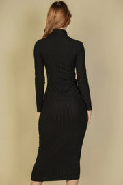 Ribbed Mock Neck Long Sleeve Bodycon Midi Dress - Fashionmj