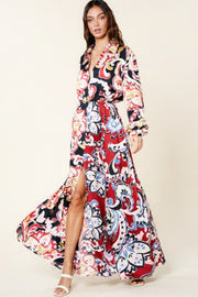 Color Block Printed V Neck Dress - Fashionmj