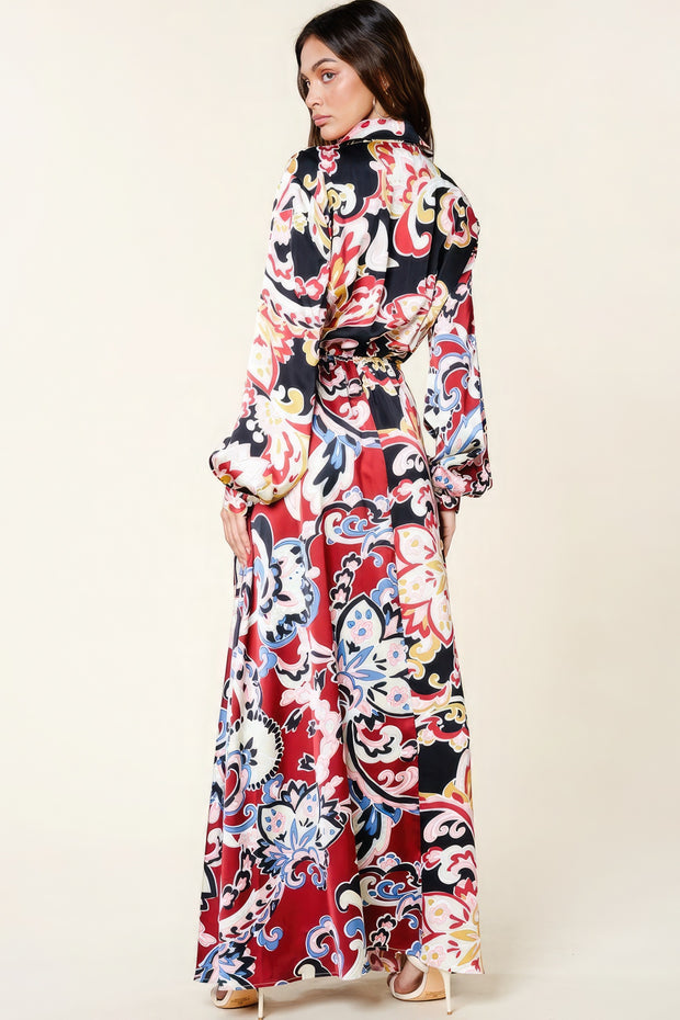 Color Block Printed V Neck Dress - Fashionmj