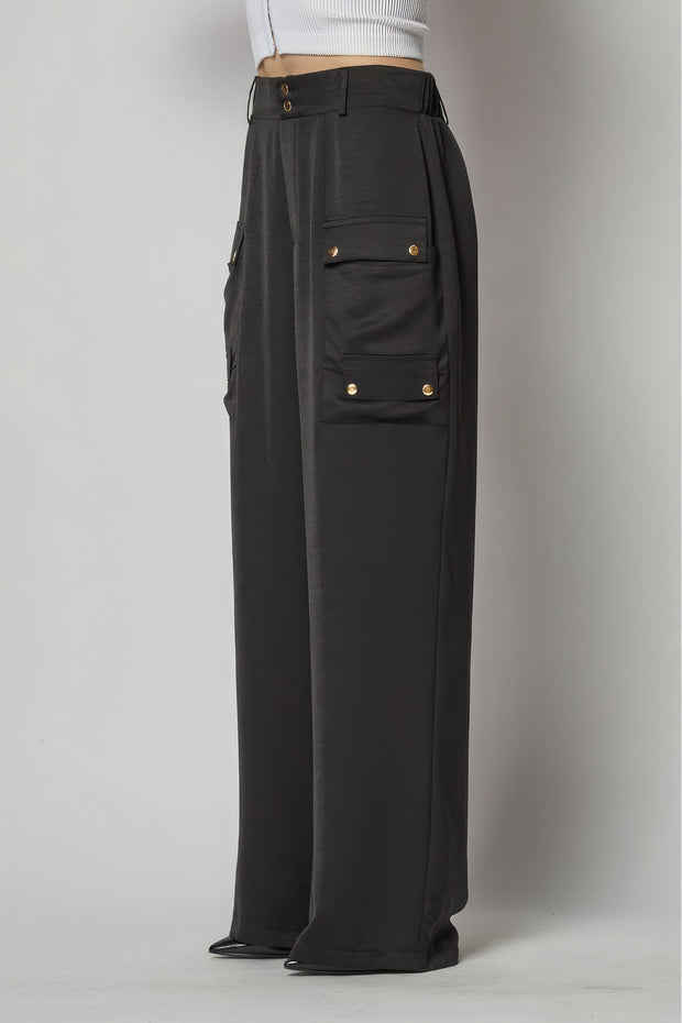 Satin Cargo Pocket Wide Leg Pants - Fashionmj