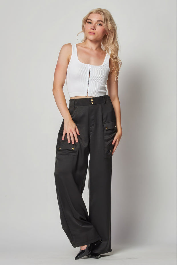 Satin Cargo Pocket Wide Leg Pants - Fashionmj