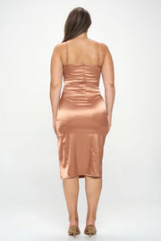 Plus Solid Satin Front Knot Bodycon Midi Dress - Fashionmj