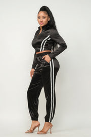 Front Zip Up Stripes Detail Jacket And Pants Set - Fashionmj