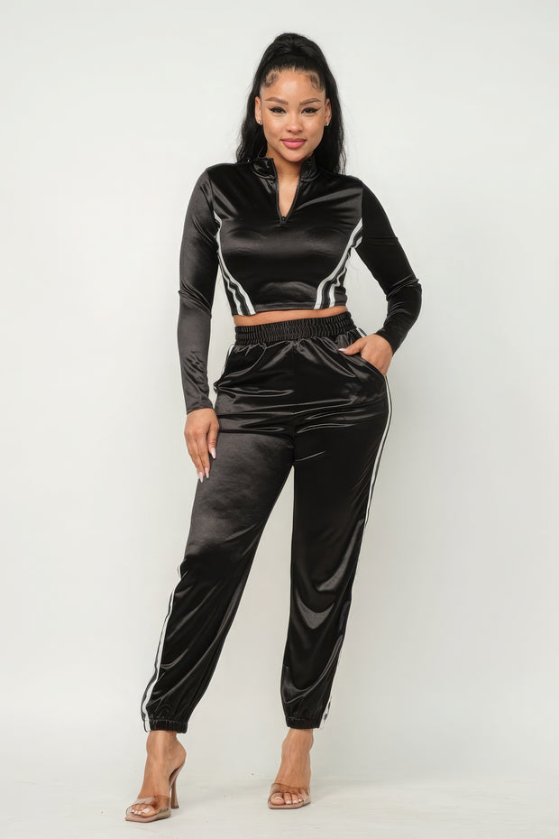 Front Zip Up Stripes Detail Jacket And Pants Set - Fashionmj