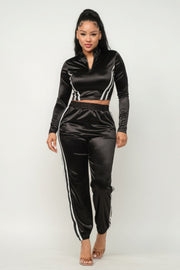 Front Zip Up Stripes Detail Jacket And Pants Set - Fashionmj