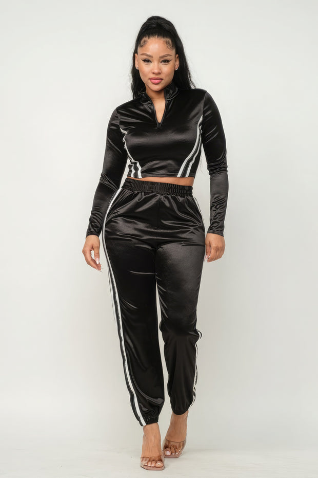 Front Zip Up Stripes Detail Jacket And Pants Set - Fashionmj