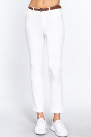 Cotton-span Twill Belted Long Pants - Fashionmj