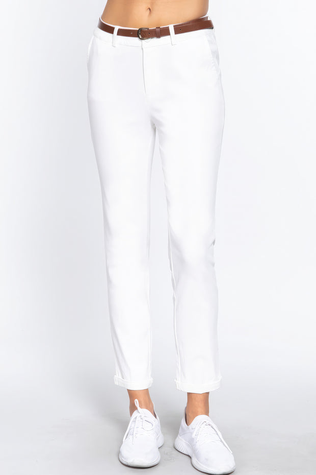 Cotton-span Twill Belted Long Pants - Fashionmj