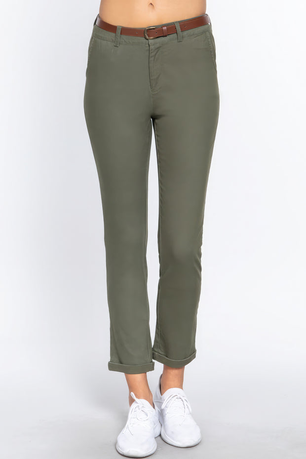 Cotton-span Twill Belted Long Pants - Fashionmj