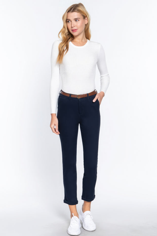 Cotton-span Twill Belted Long Pants - Fashionmj