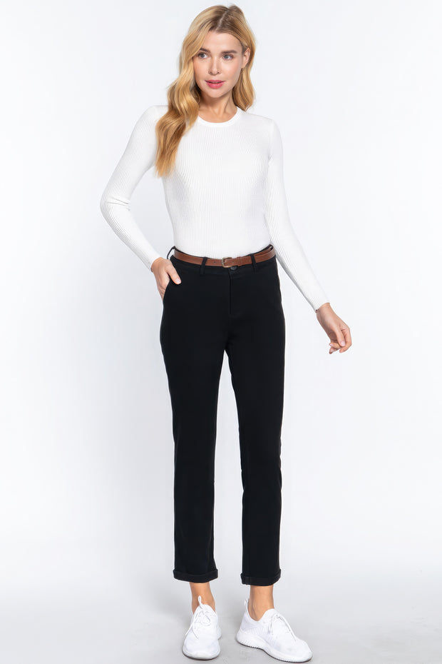 Cotton-span Twill Belted Long Pants - Fashionmj